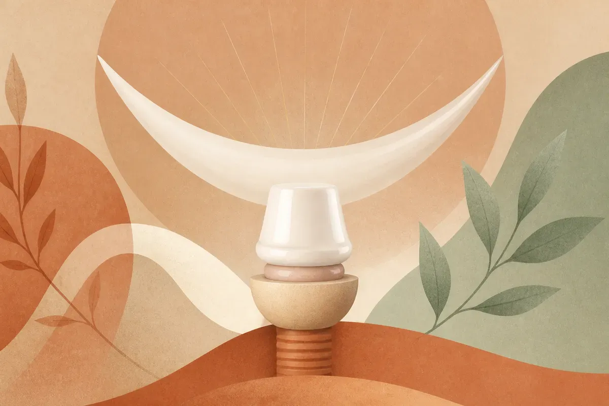 Ilustração de um pilar cerâmico de zircônia conectando um implante dentário a uma coroa na região anterior da boca.
