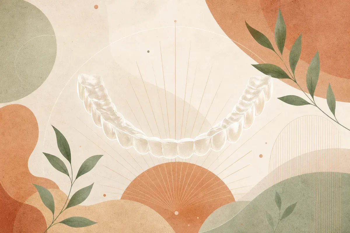 Ilustração de moldeira ortodôntica transparente sobre a arcada dentária, representando o alinhador invisível posicionado nos dentes.