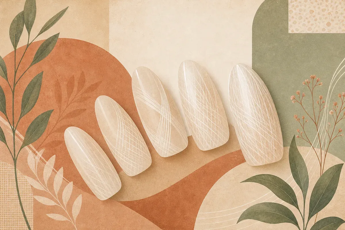 Ilustração de aplicação de alongamento de unhas em fibra de vidro, com a malha de fibra sendo posicionada e modelada sobre a unha em um estúdio de nail design.