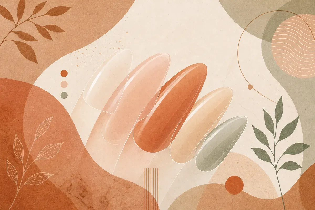 Ilustração de aplicação de alongamento de unhas em gel, com nail designer modelando a extensão sob lâmpada LED em ambiente higienizado.