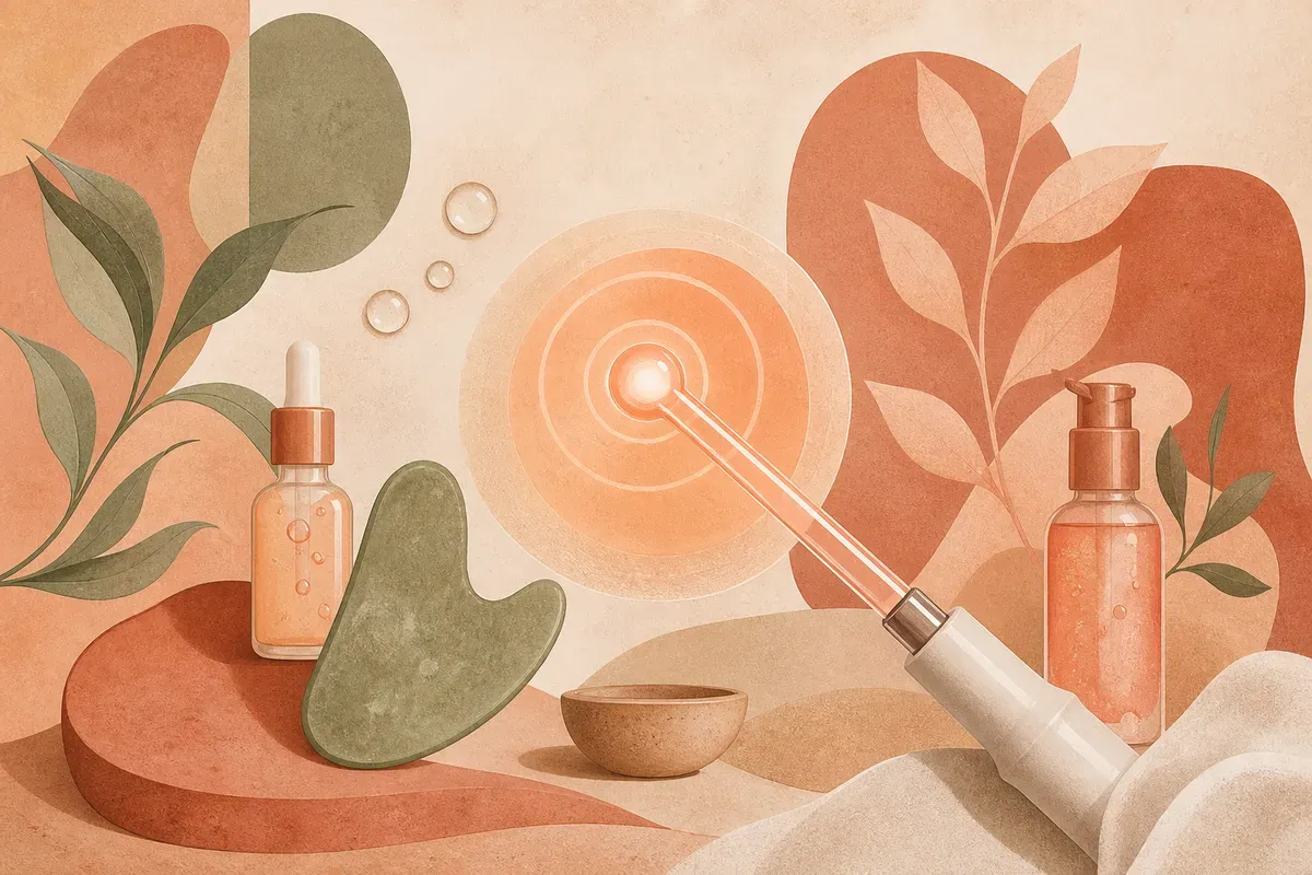 Ilustração de uma sessão de alta frequência facial, com eletrodo de vidro deslizando sobre a pele do rosto e emitindo uma leve luz alaranjada, representando a ação secativa sobre pele oleosa e acneica.