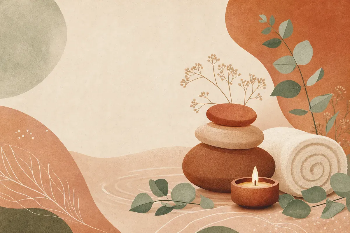 Ilustração de sessão de aromaterapia corporal com óleos essenciais e massagem relaxante em ambiente de spa