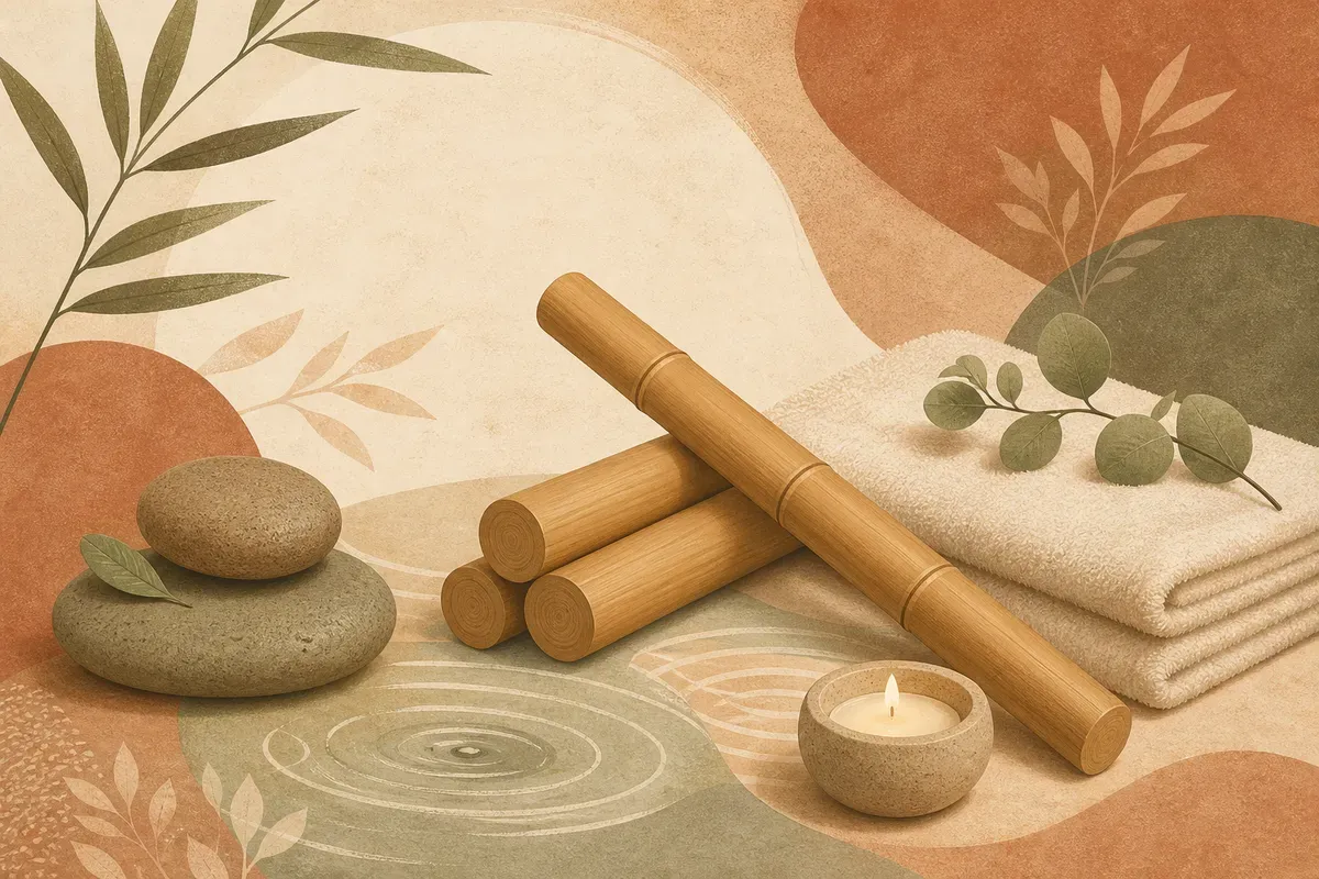 Ilustração de uma sessão de bambuterapia, com profissional deslizando roletes de bambu sobre as pernas de uma pessoa deitada em maca.
