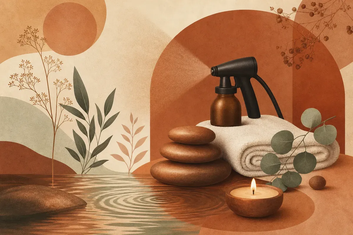 Ilustração de aplicação de spray autobronzeador no corpo em cabine de estética, sem exposição solar.