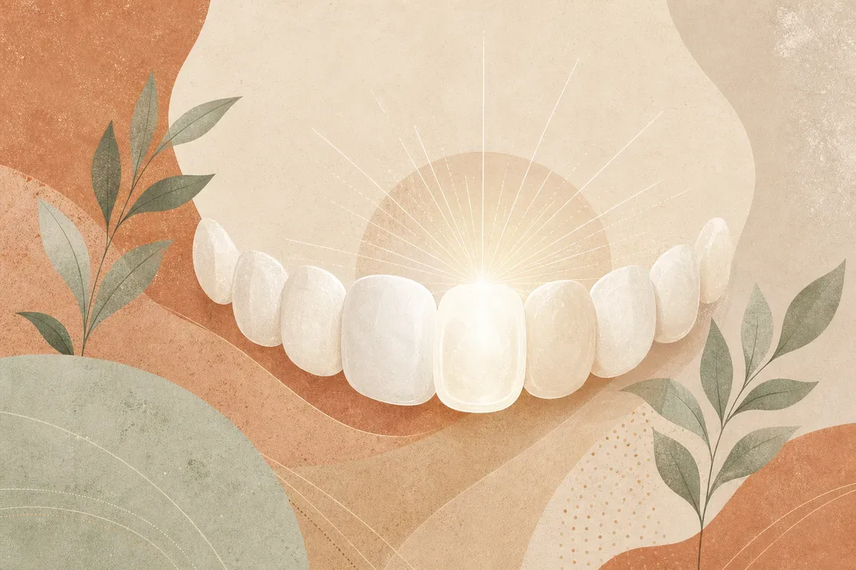 Ilustração de um dente escurecido recebendo agente clareador dentro da câmara pulpar durante clareamento interno