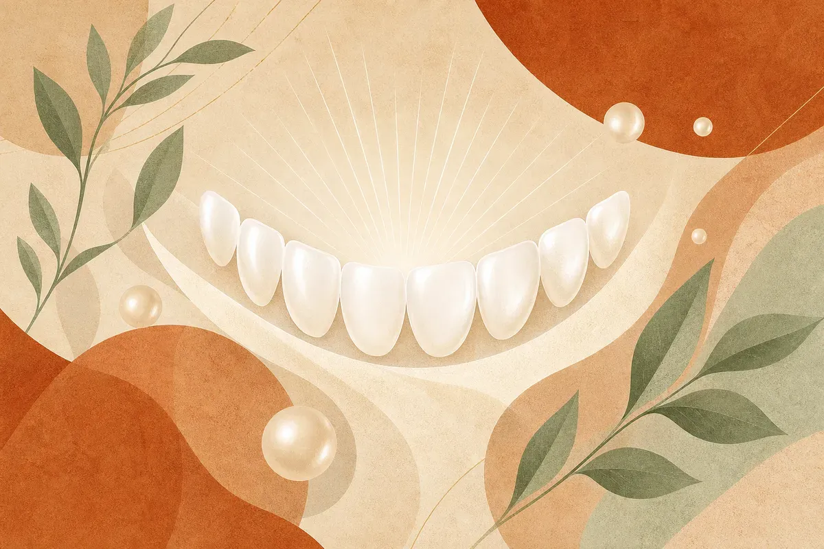 Ilustração de uma coroa dentária em porcelana sendo posicionada sobre um dente anterior preparado.