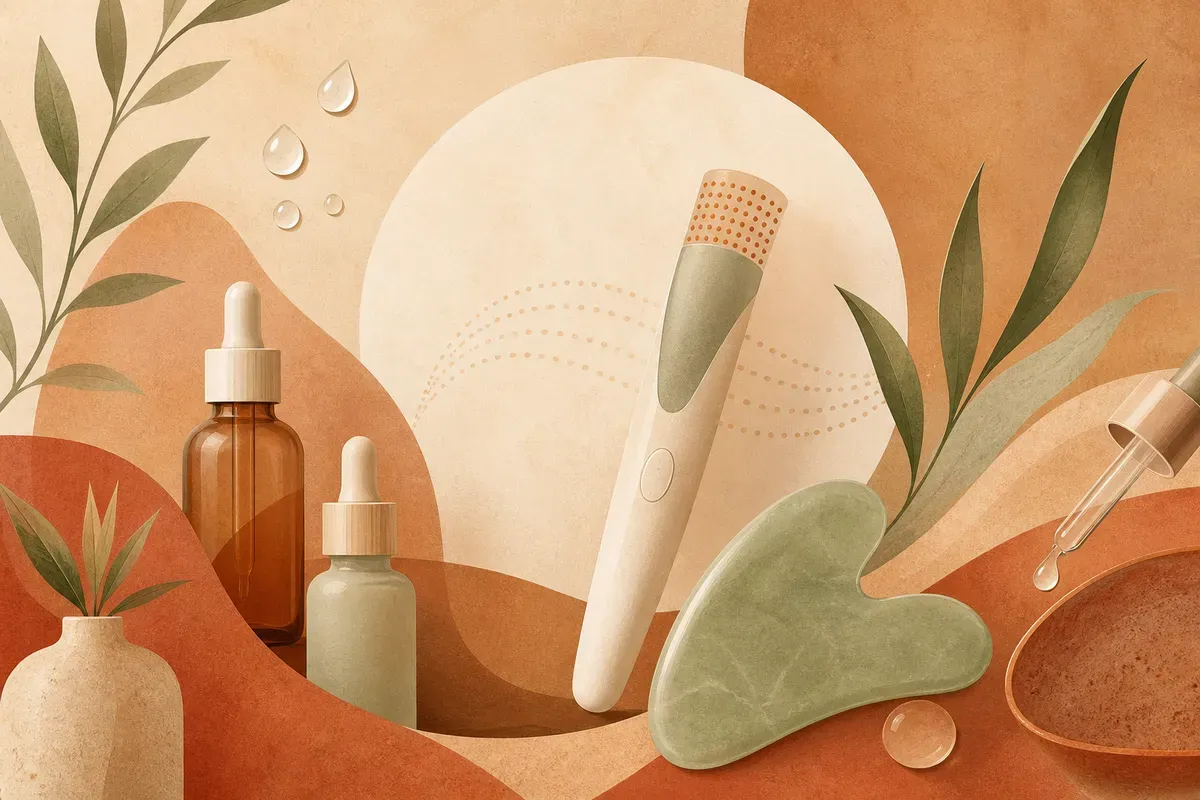 Ilustração de um rosto recebendo microagulhamento com uma caneta elétrica (Dermapen) deslizando sobre a pele, com a ponteira de microagulhas em destaque.