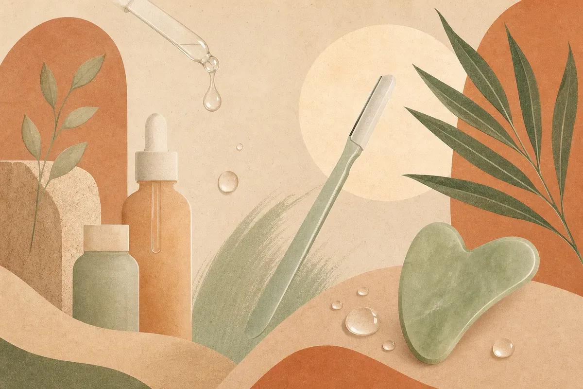 Ilustração de profissional realizando dermaplaning no rosto com lâmina em ângulo, removendo penugem e células mortas da pele.