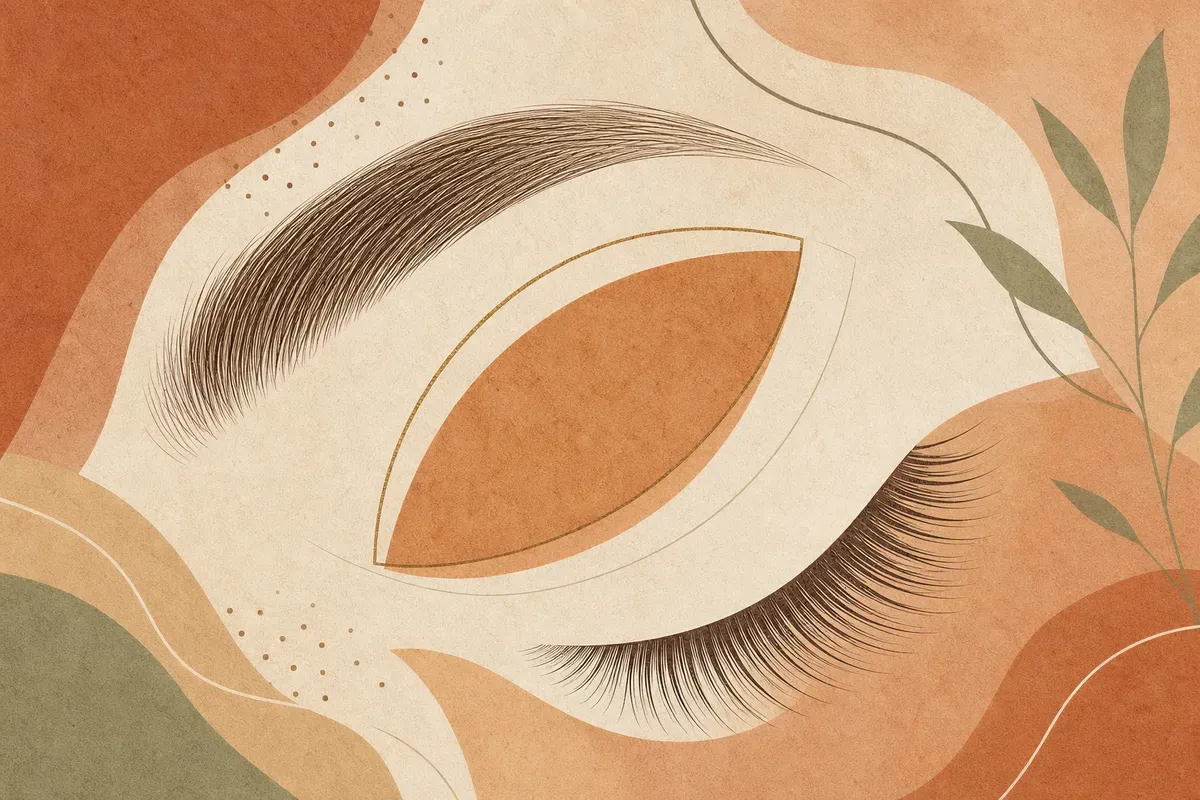 Ilustração de profissional fazendo o mapeamento e a modelagem das sobrancelhas com paquímetro e pinça em ambiente de estúdio de beleza