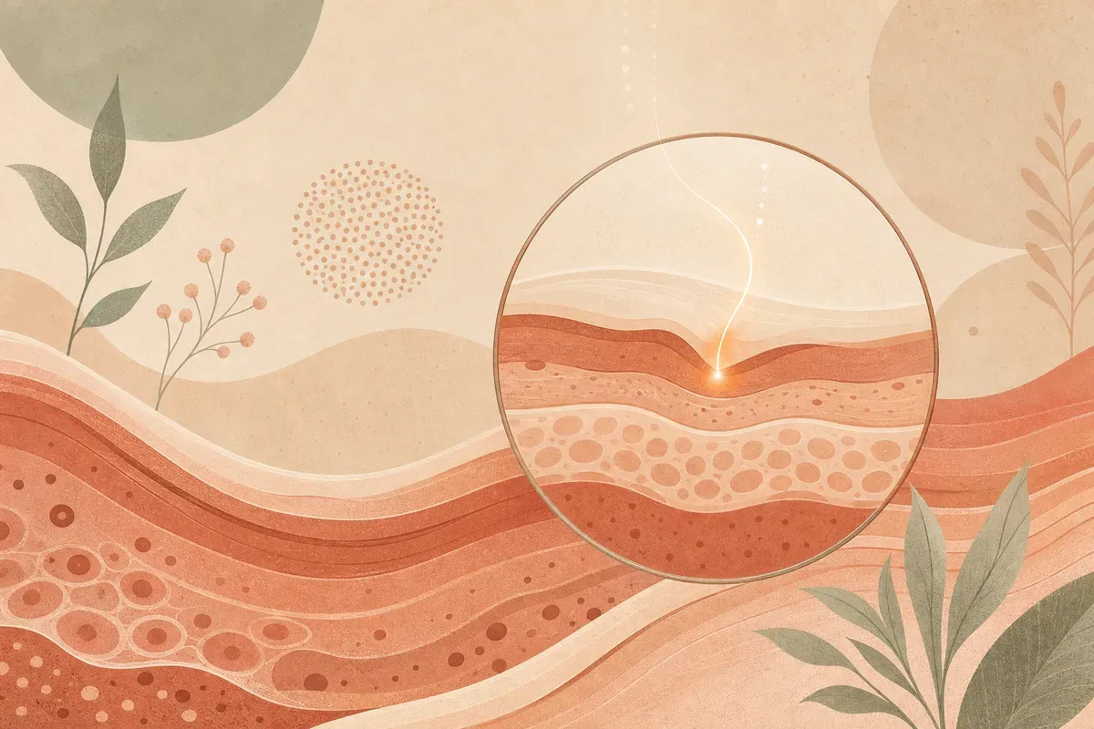 Ilustração de dermatologista realizando eletrocauterização de pequena lesão na pele com ponteira de eletrocautério em ambiente de consultório.