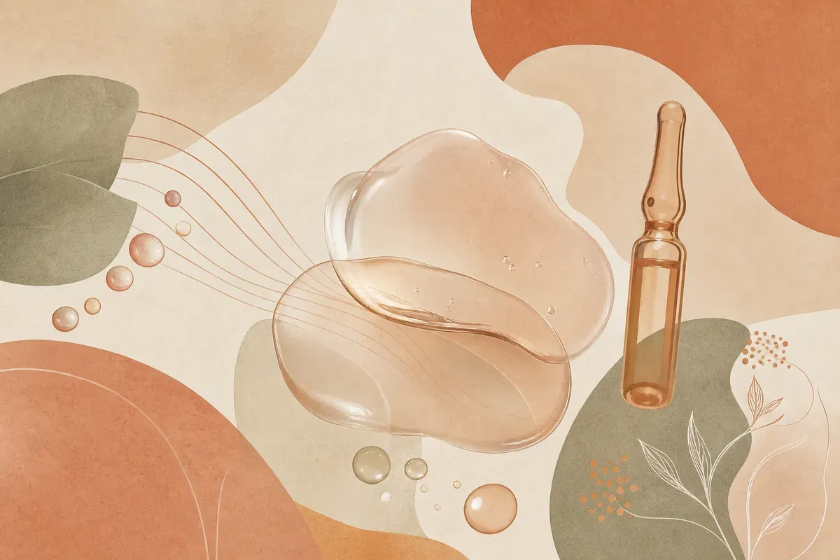 Ilustração de aplicação injetável de bioestimulador de policaprolactona (Ellansé) no rosto, com microesferas estimulando a produção de colágeno em planos profundos da pele.