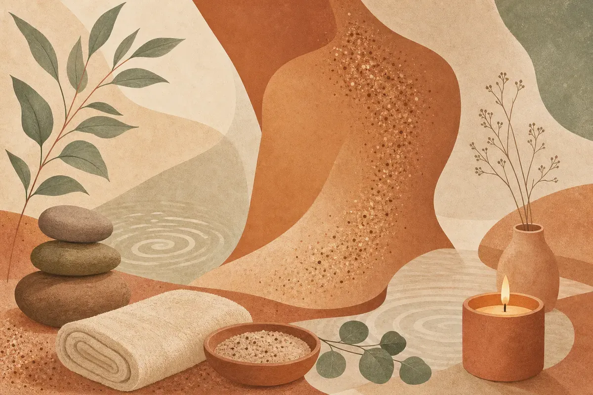 Ilustração de esfoliação corporal sendo aplicada na pele com movimentos circulares para remover células mortas