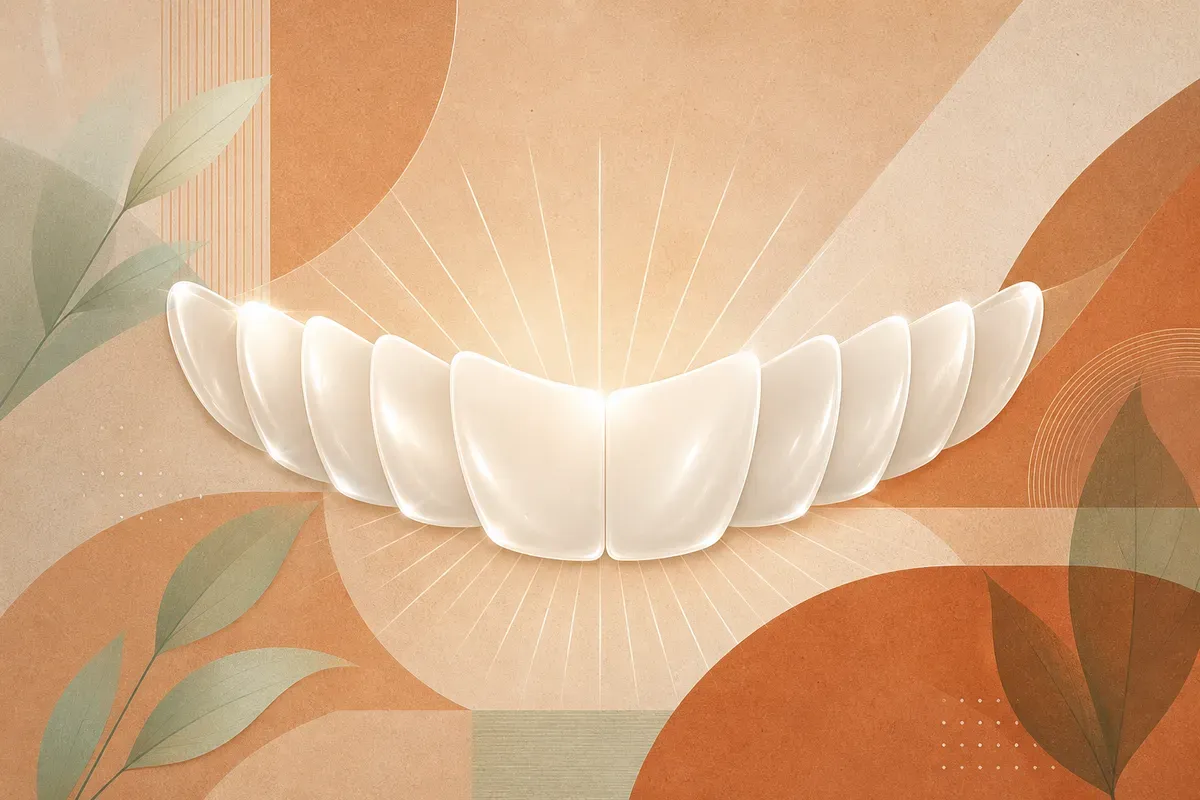 Ilustração de faceta de cerâmica E-max sendo posicionada sobre a face frontal de um dente anterior