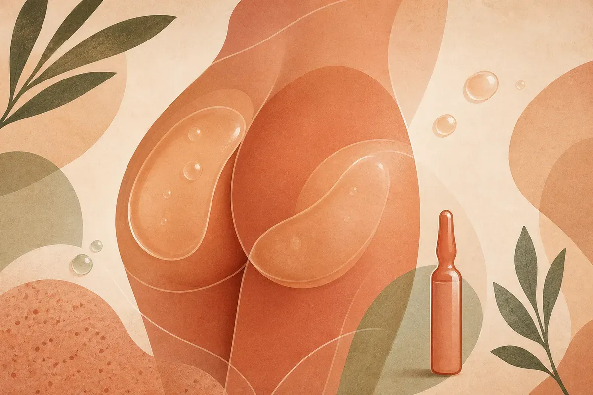 Ilustração de aplicação de bioestimulador de colágeno na região glútea para firmeza e modelagem não cirúrgica