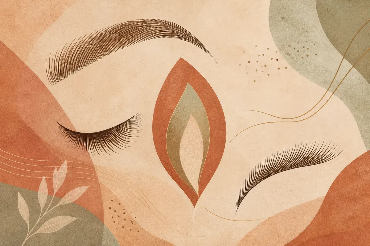 Ilustração de aplicação de henna nos cílios, com pálpebra inferior protegida e olhos fechados