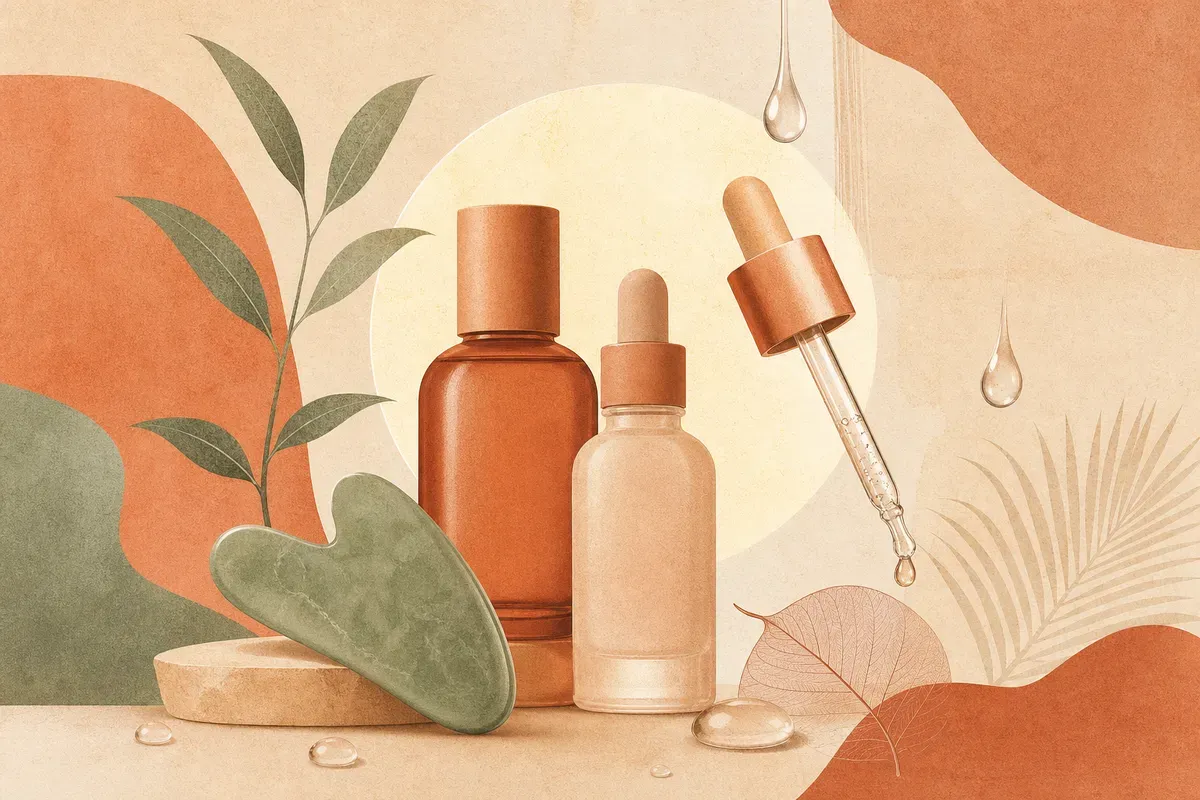 Ilustração de aplicação de sérum hidratante facial em ambiente de clínica de estética, com pele luminosa e hidratada