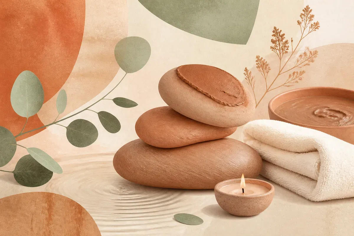 Ilustração de aplicação de máscara de argila nas costas de uma pessoa em ambiente de spa