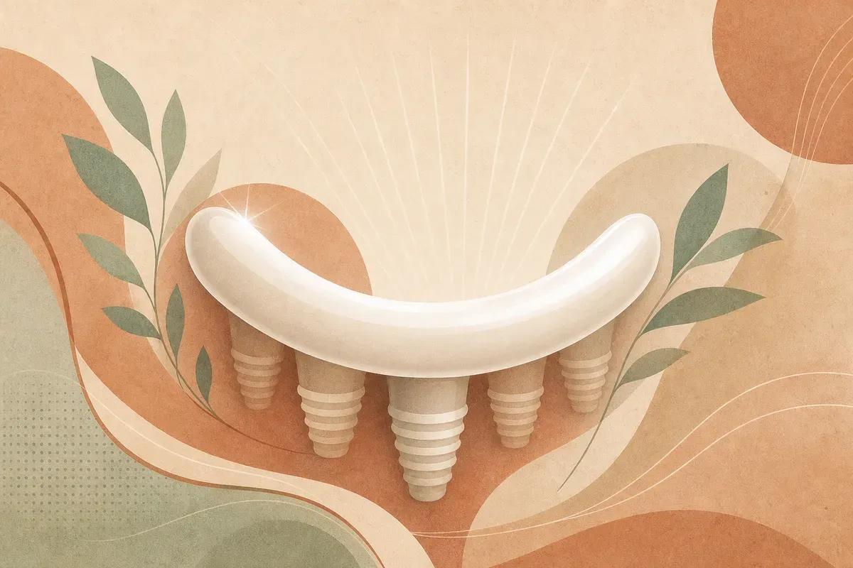 Ilustração de implante dentário de titânio no osso com coroa provisória fixa instalada no mesmo dia