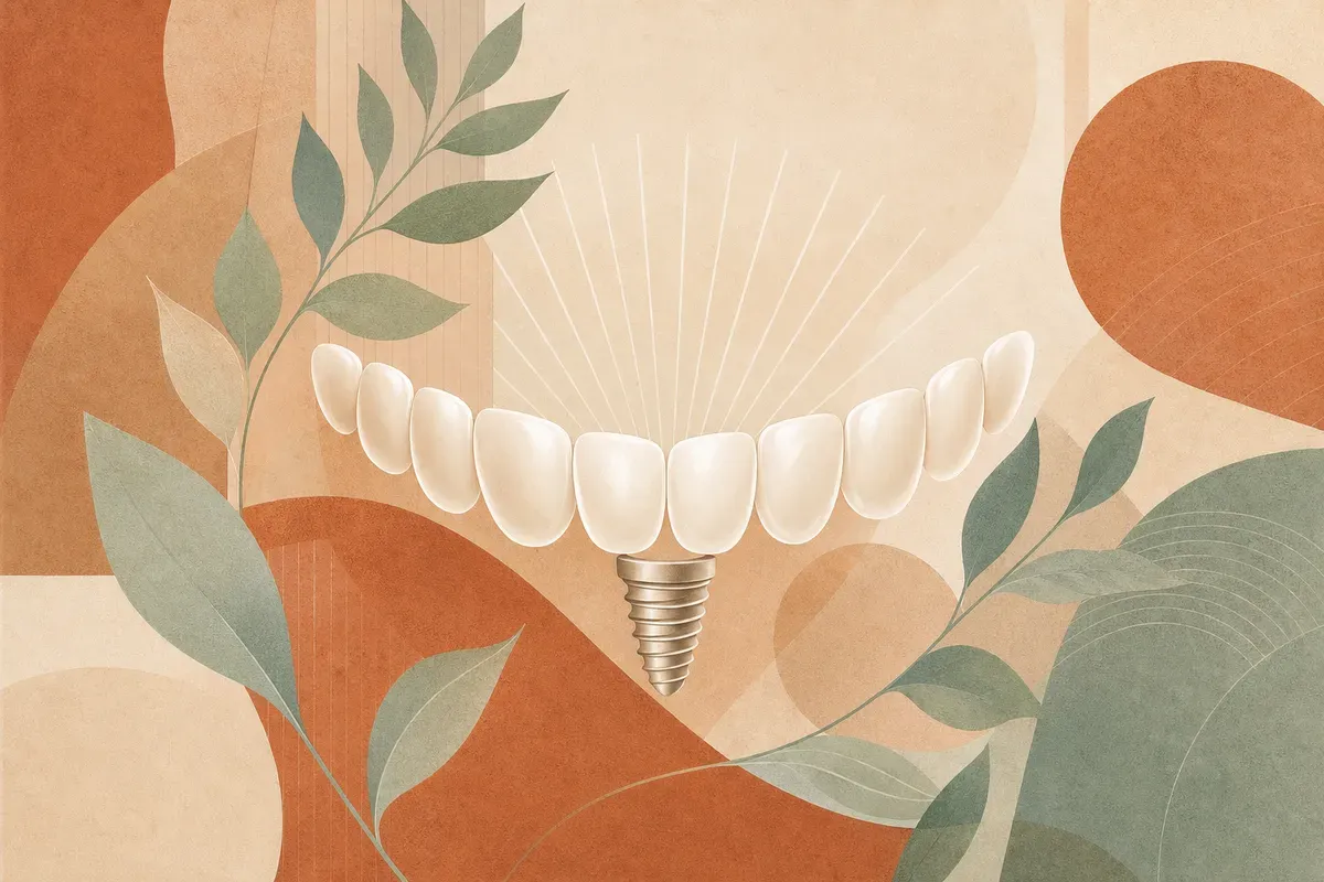 Ilustração de um implante dentário com pino no osso, pilar e coroa estética substituindo um dente perdido.