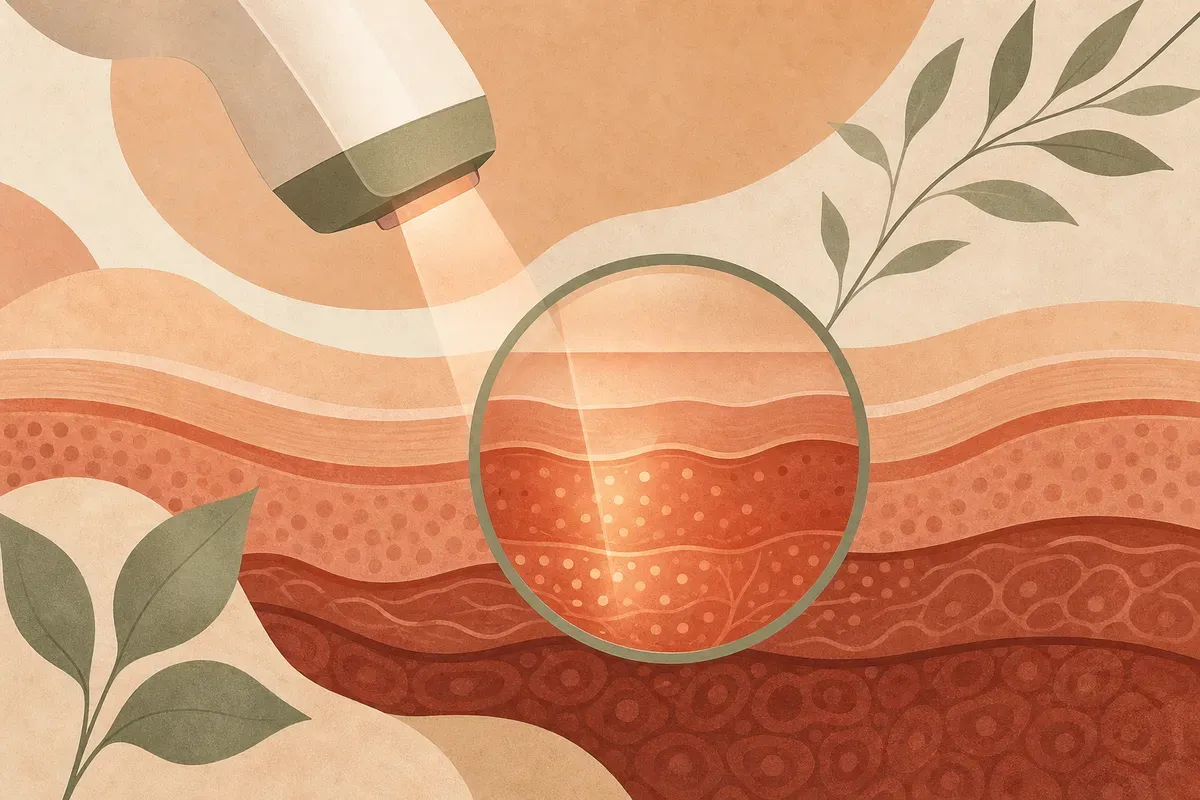 Ilustração de aplicação de laser diodo no rosto, com ponteira resfriada e proteção ocular.
