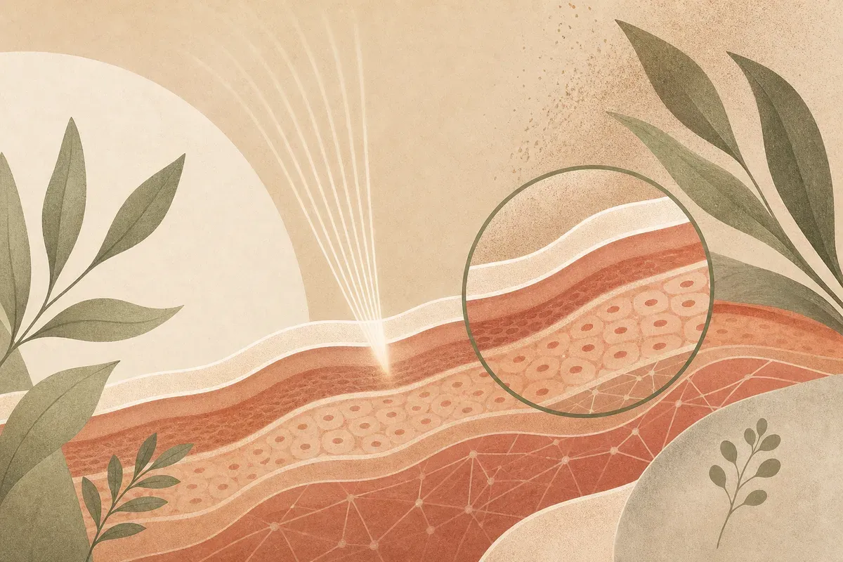 Ilustração de aplicação do Laser Fotona Spectro no rosto, com proteção ocular, em ambiente de clínica dermatológica.
