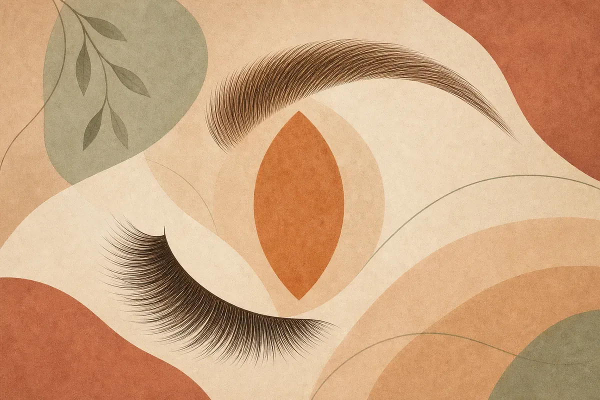 Ilustração de aplicação de tratamento nutritivo nos cílios de uma pessoa deitada com os olhos fechados, em ambiente de estúdio de estética