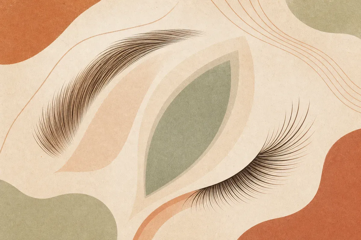 Ilustração de cílios naturais curvados e levantados após lash lifting, com molde de silicone na pálpebra superior