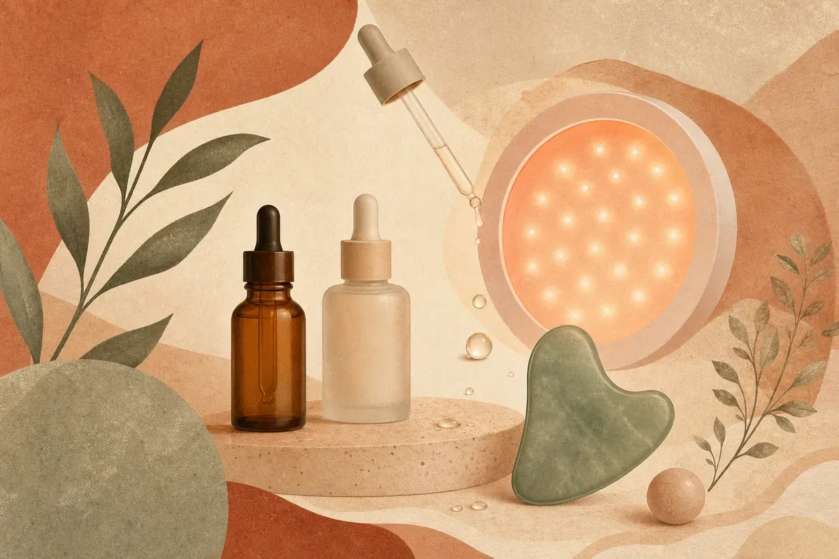 Ilustração de pessoa recebendo LEDterapia facial com máscara de luz e proteção ocular em ambiente de clínica