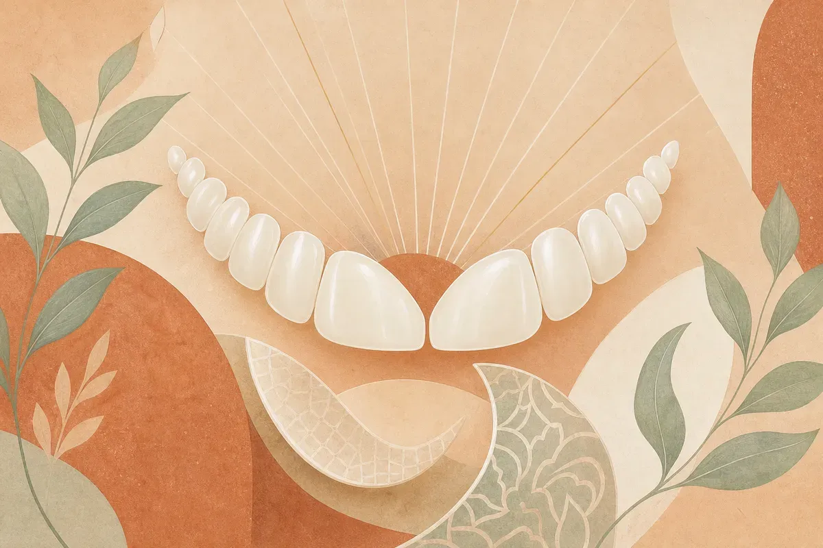 Ilustração de lâminas ultrafinas de porcelana sendo aplicadas sobre os dentes anteriores para harmonizar o sorriso.