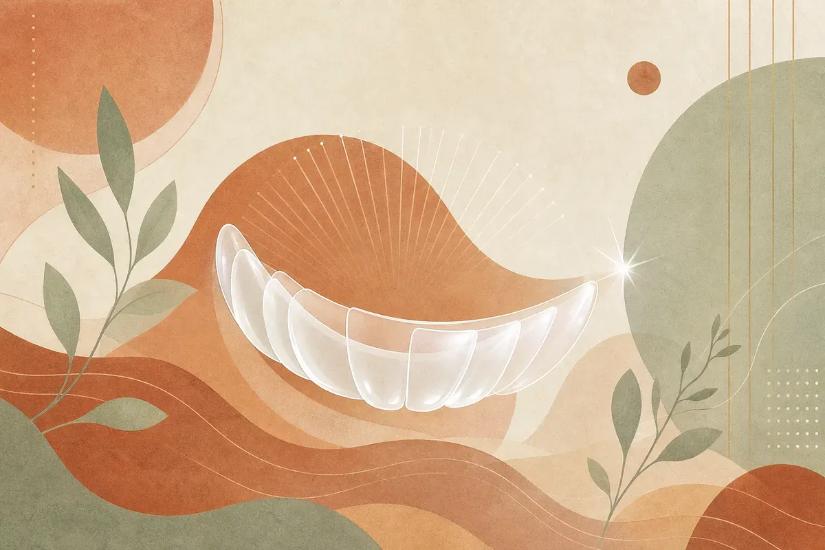 Ilustração de dentes anteriores recebendo aplicação de camadas de resina composta para correção estética de cor e forma.