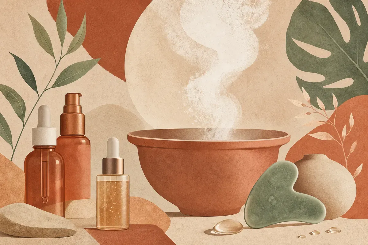 Ilustração de uma pessoa recebendo vapor facial morno durante a etapa preparatória de uma limpeza de pele.