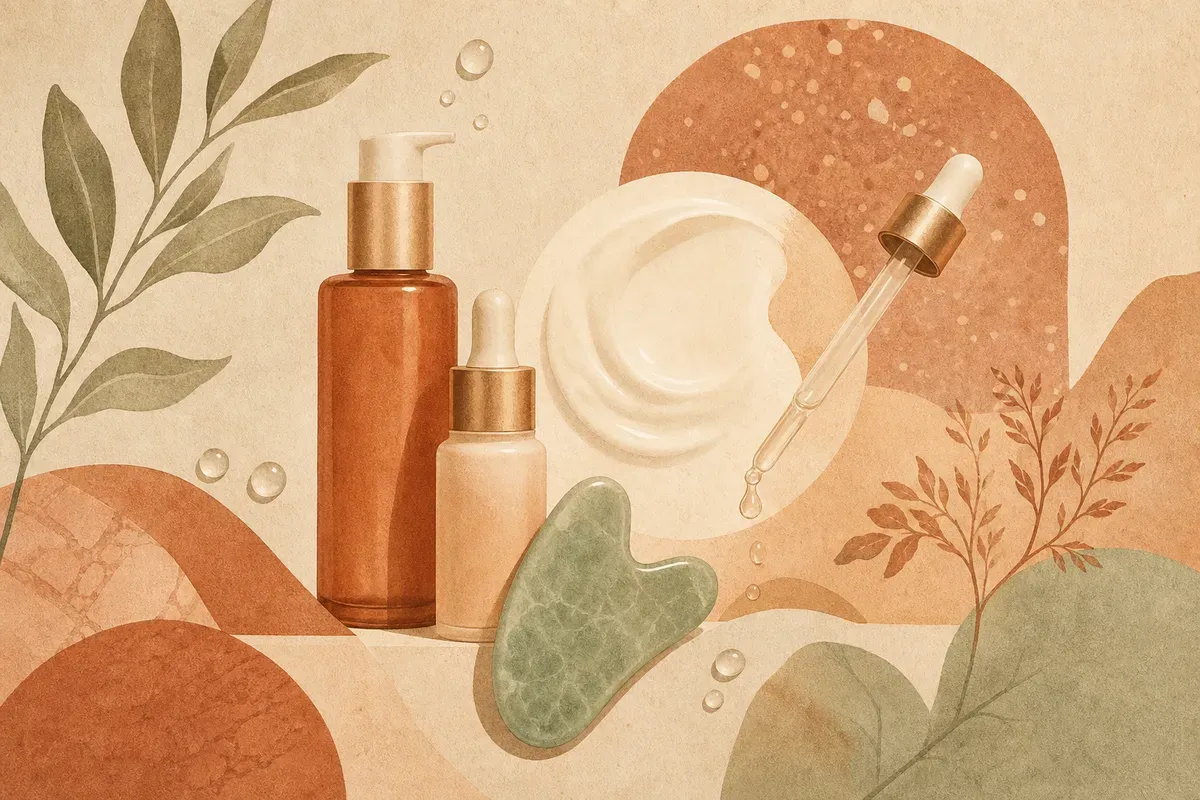 Ilustração de uma sessão de limpeza de pele coreana, com máscara de tecido (sheet mask) e aplicação de sérum em camadas no rosto, mostrando a pele luminosa do efeito glass skin.