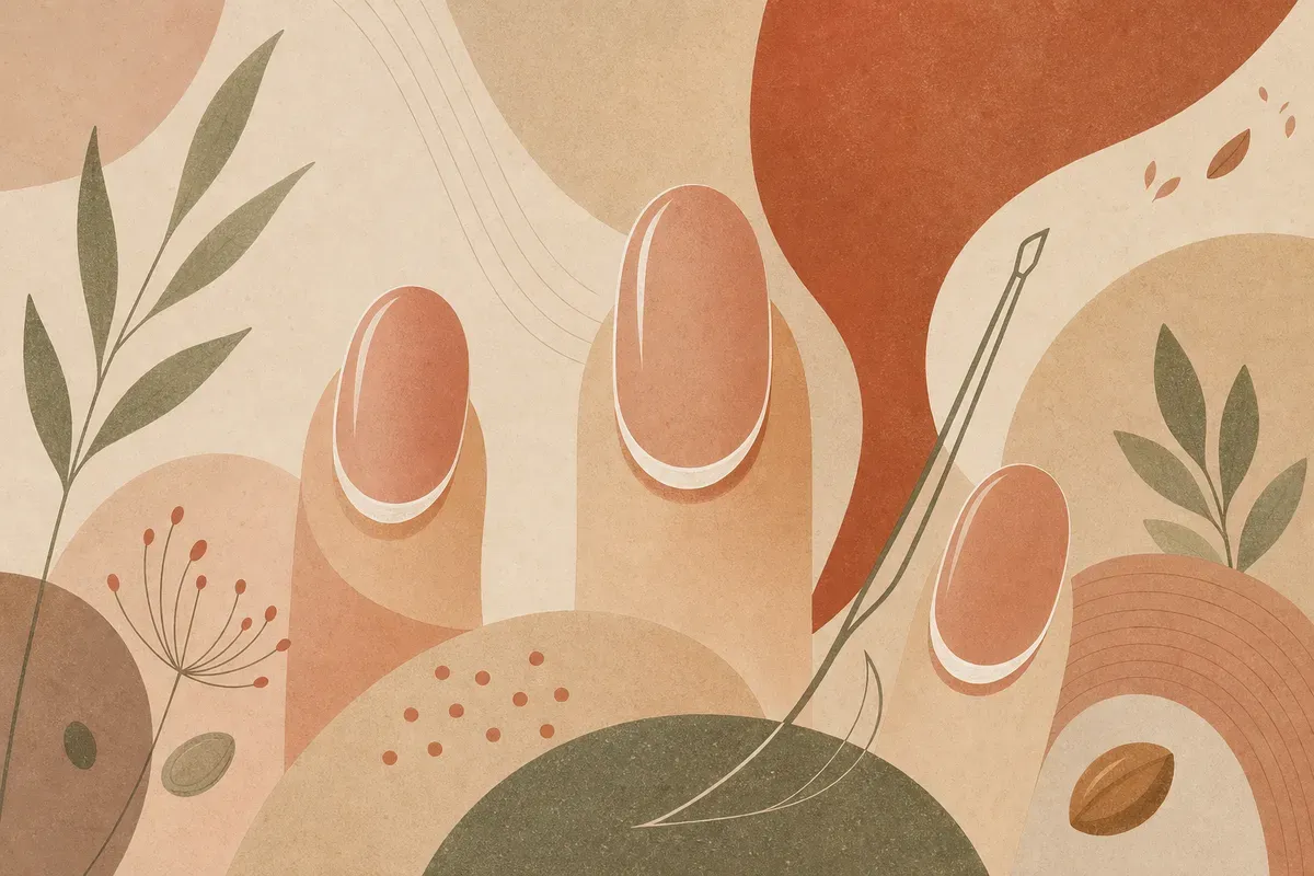 Ilustração de manicure russa: profissional removendo a cutícula a seco com uma lixa elétrica (broca) e finalizando com esmaltação rente à base da unha, em ambiente higienizado.