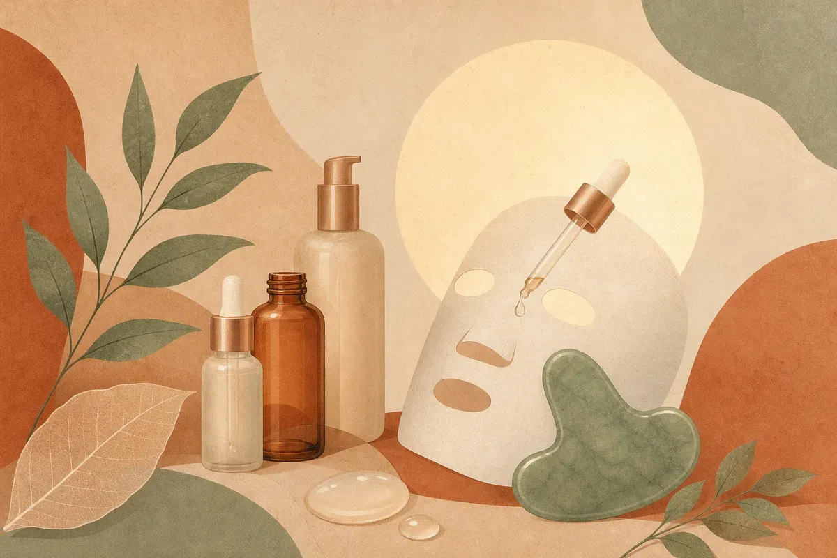 Ilustração de aplicação de máscara hidratante facial em ambiente de clínica de estética, com pele macia e luminosa