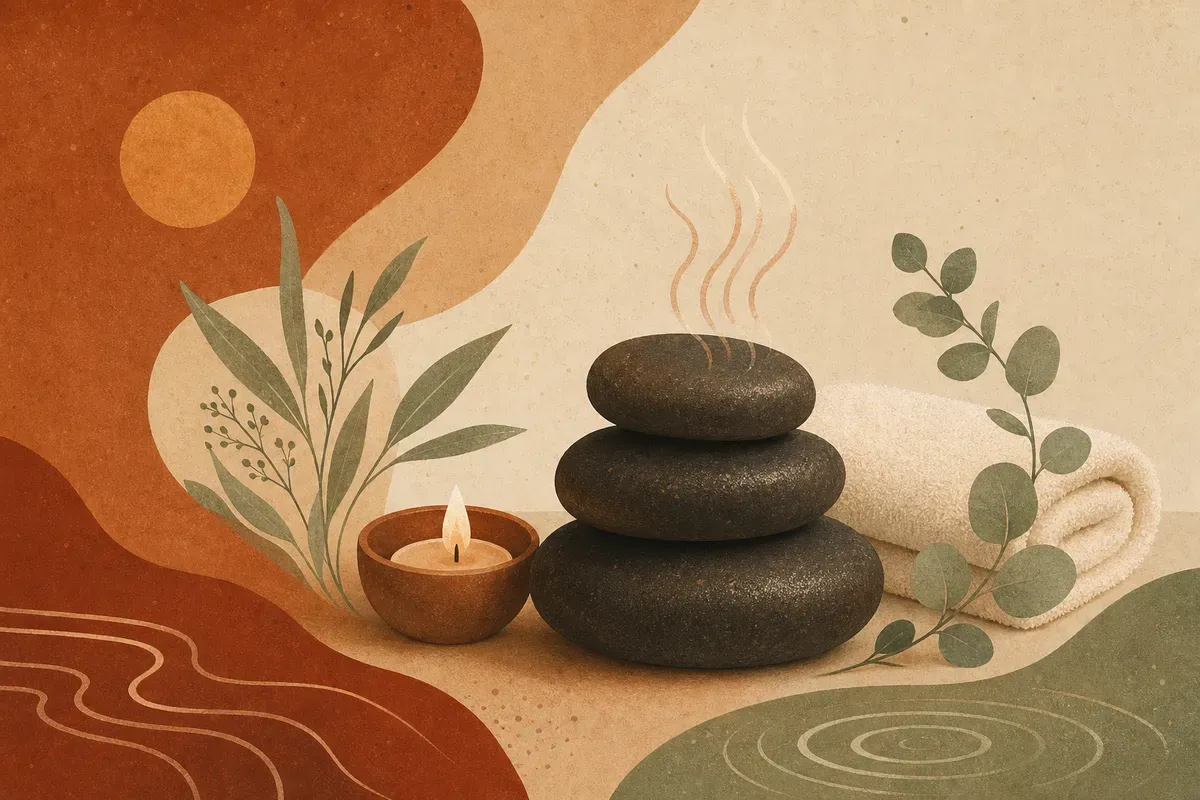 Ilustração de sessão de massagem com pedras quentes, com pedras de basalto escuras alinhadas sobre as costas de uma pessoa deitada e relaxada em uma maca de spa.