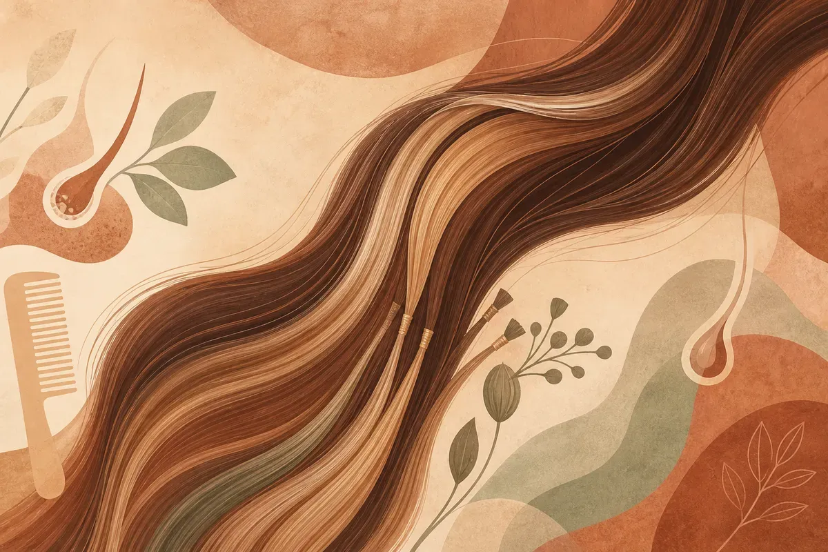 Ilustração do mega hair mostrando a fixação de mechas de cabelo próximas à raiz do cabelo natural para acrescentar comprimento e volume