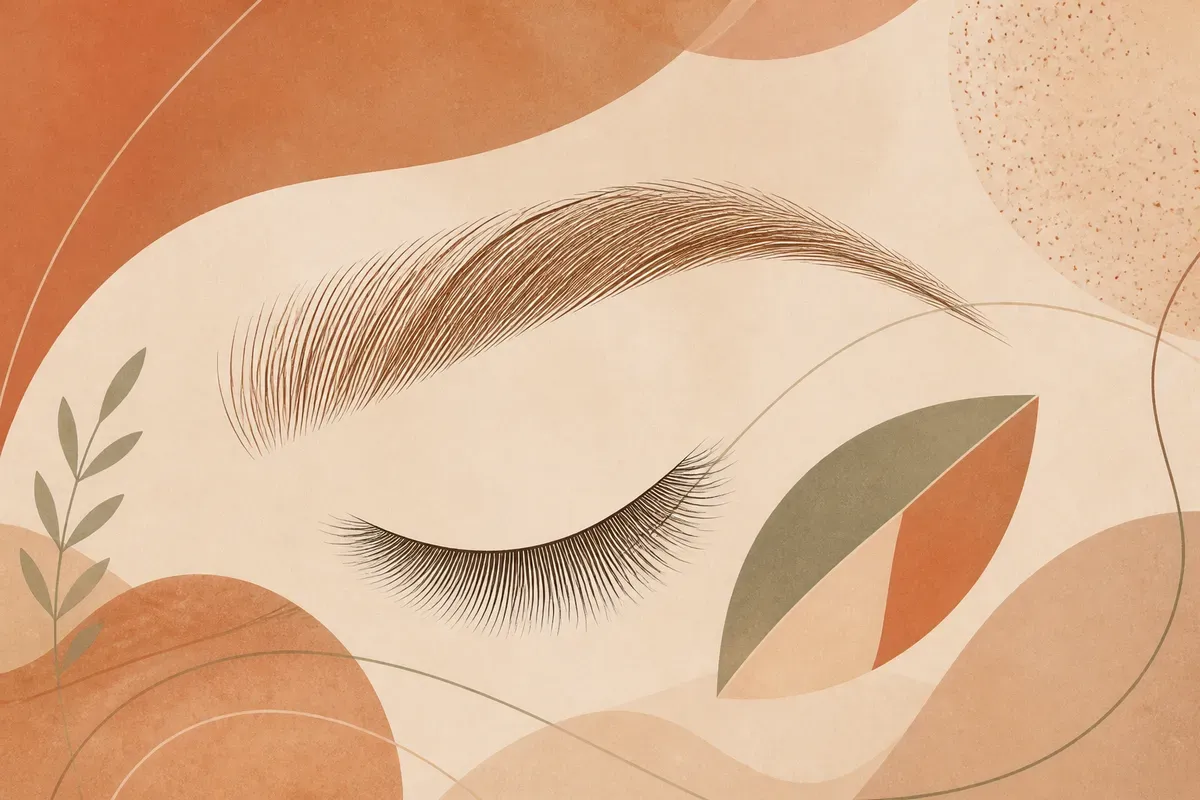 Ilustração de aplicação de microblading fio a fio nas sobrancelhas com caneta tebori, mostrando traços que imitam pelos naturais.