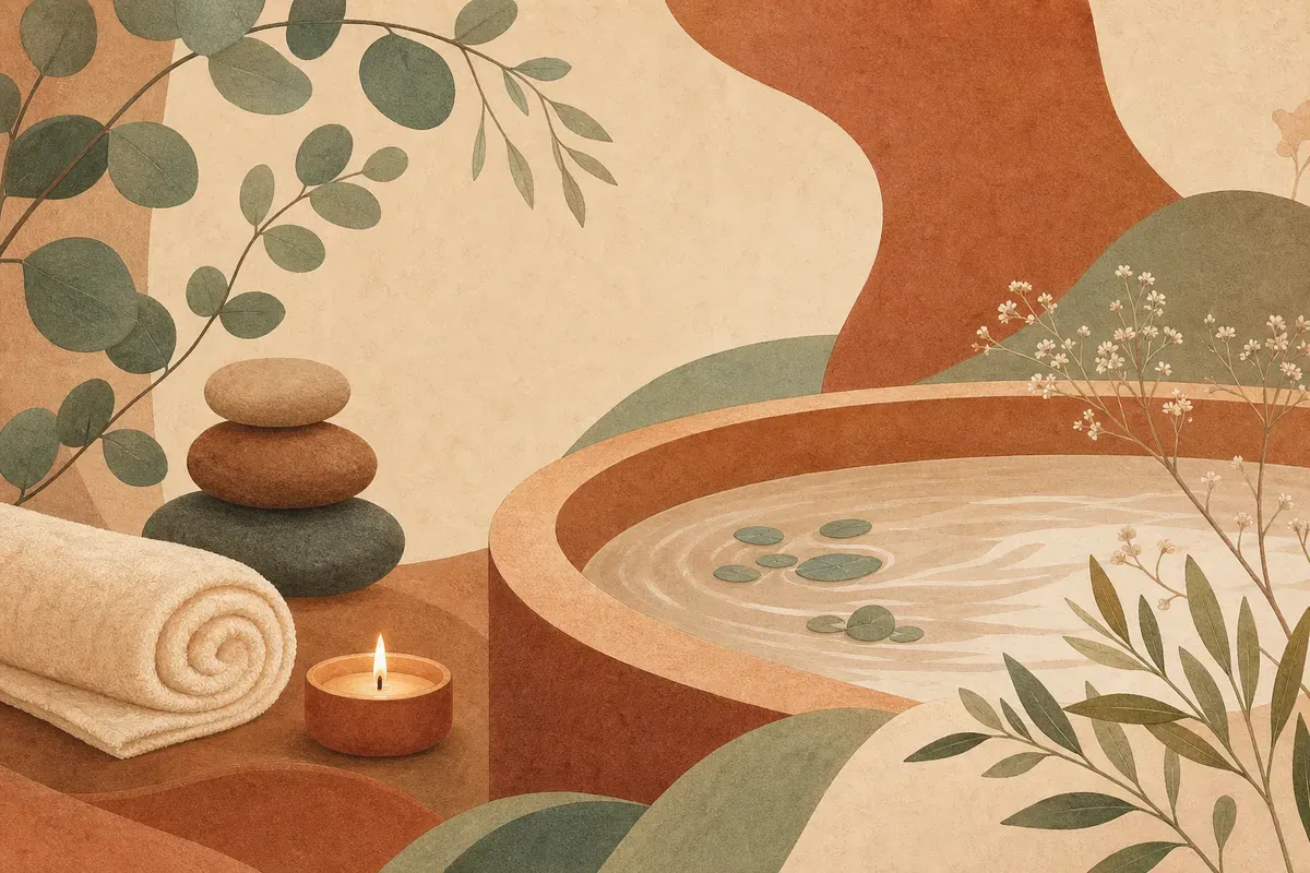 Ilustração de uma tina de madeira com água morna, pétalas e óleos essenciais, representando um ofurô aromático de relaxamento.
