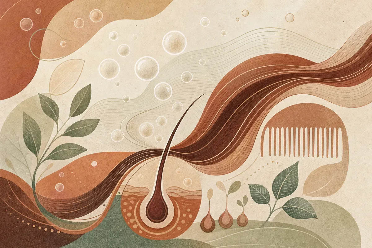 Ilustração de aplicação de ozonioterapia capilar tópica no couro cabeludo, em ambiente de clínica de tricologia.