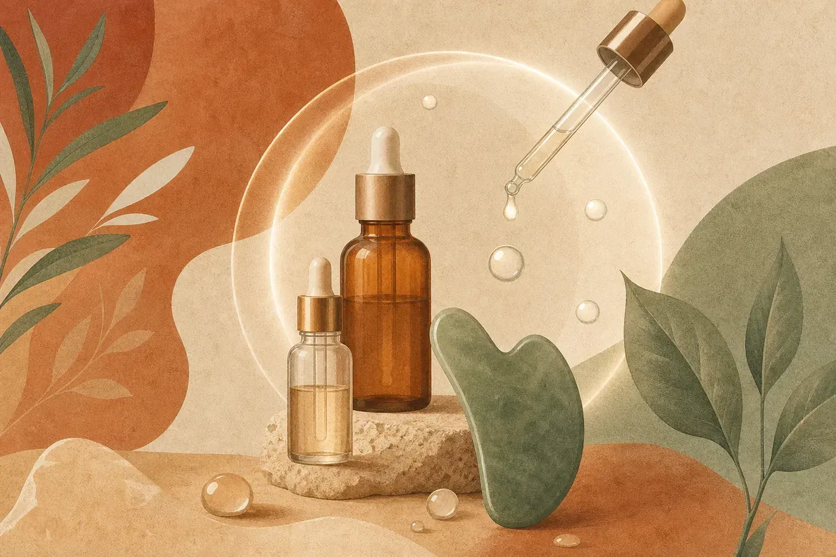 Ilustração de aplicação de ozonioterapia facial tópica no rosto, em ambiente de clínica de estética.