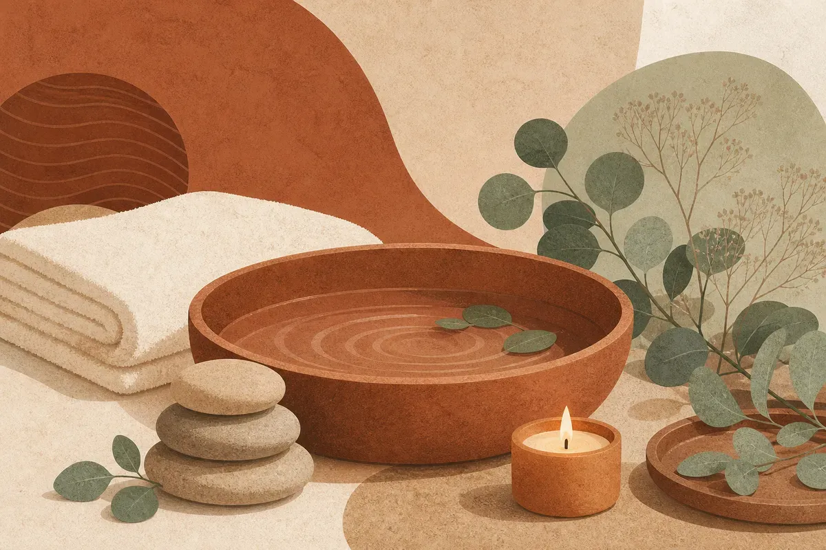 Ilustração de cuidado estético dos pés, com profissional removendo calosidades e hidratando a pele em ambiente higienizado.