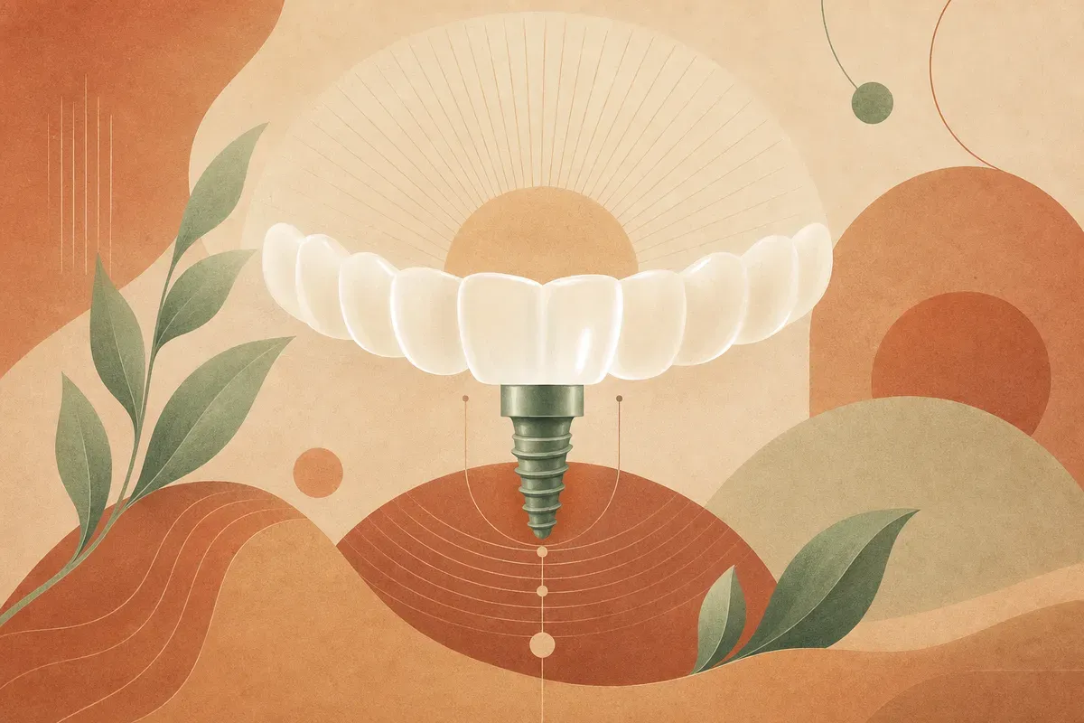 Ilustração de uma coroa de cerâmica fixada sobre um implante dentário de titânio integrado ao osso da mandíbula.