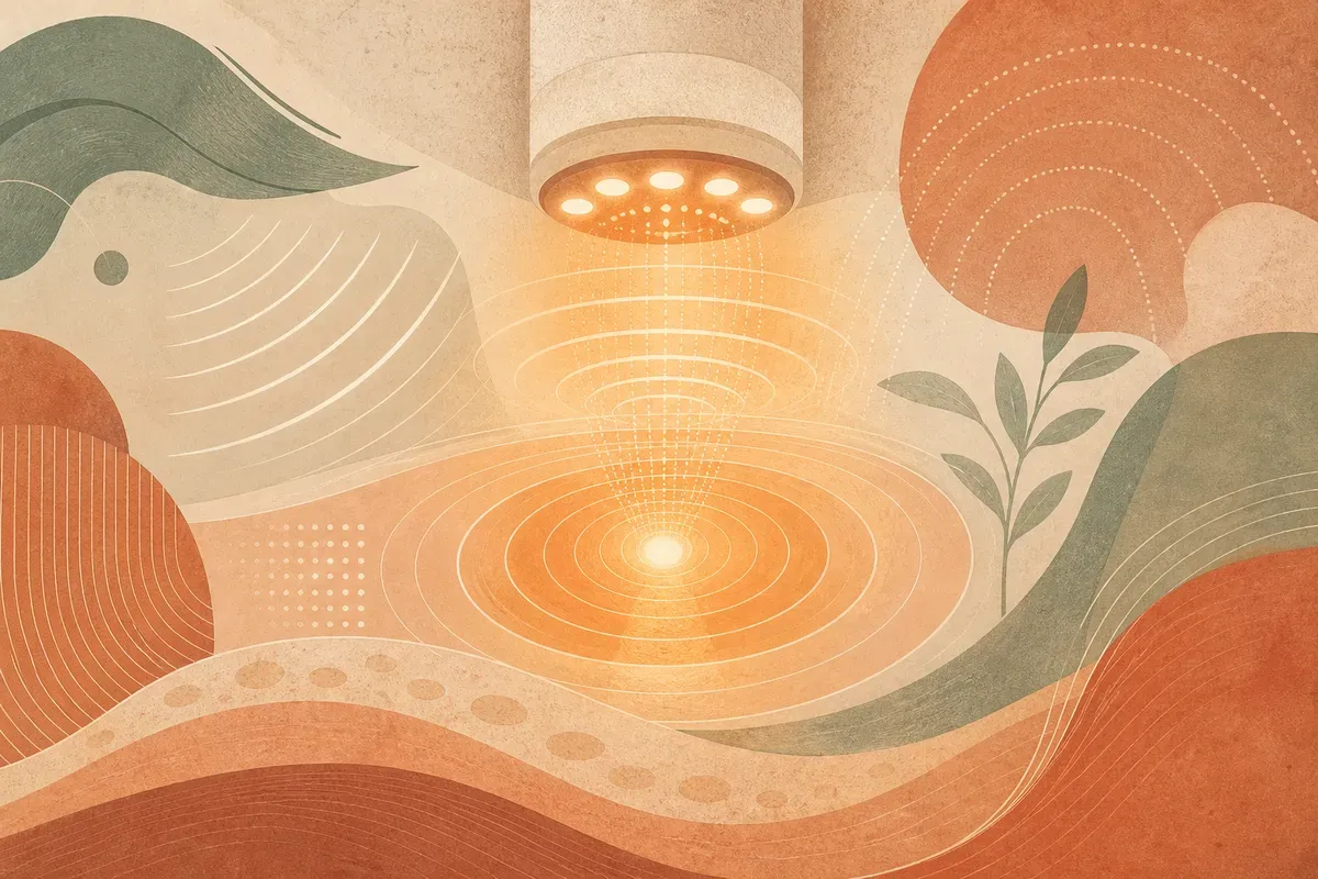 Ilustração de aplicação de radiofrequência no rosto combinada com painel de luz LED em ambiente de clínica estética.