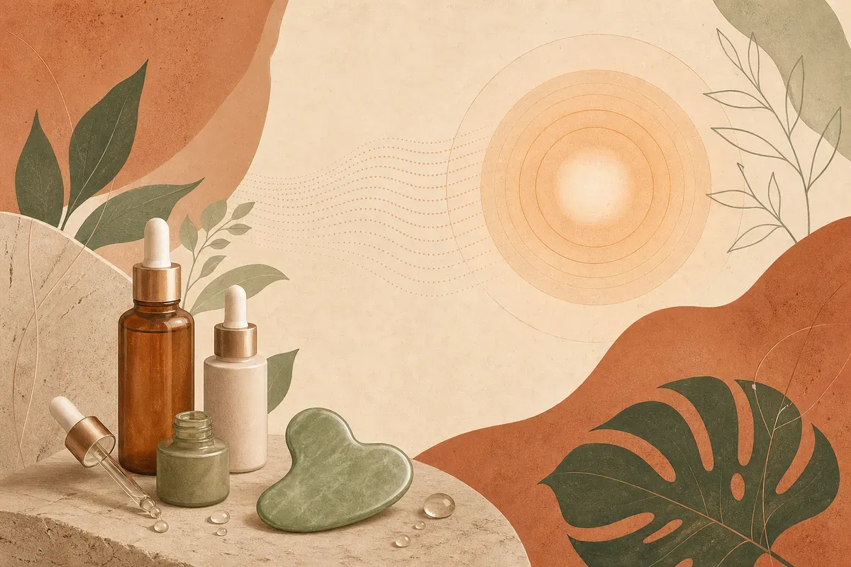 Ilustração de aplicação de radiofrequência facial, com aplicador deslizando sobre o rosto e calor atingindo as camadas profundas da pele para estimular colágeno.