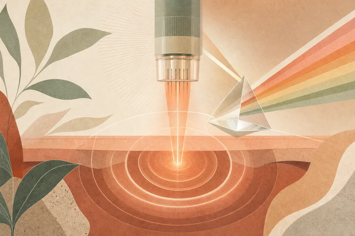 Ilustração de ponteira com microagulhas aplicando radiofrequência na pele do rosto para estímulo de colágeno