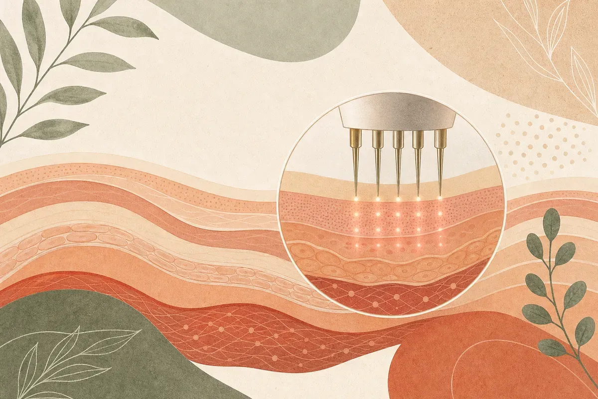 Ilustração de ponteira com microagulhas aplicando radiofrequência na pele do rosto para estímulo de colágeno