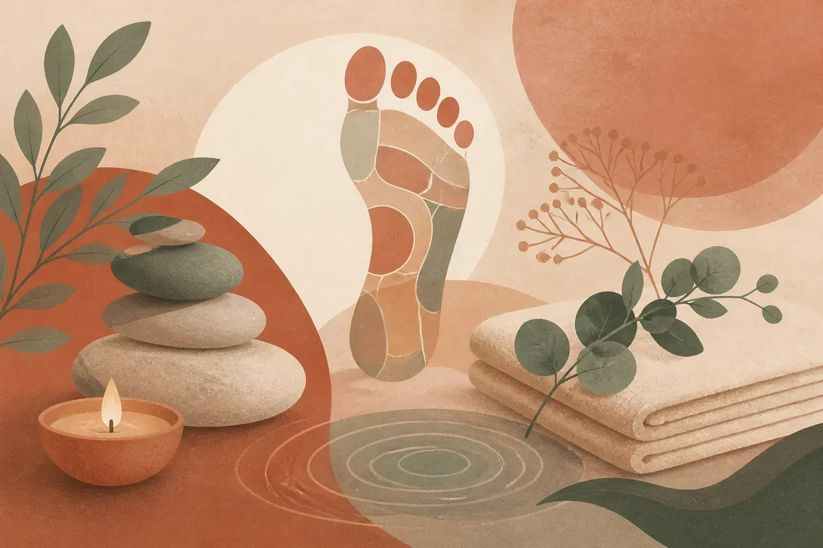 Ilustração de profissional aplicando reflexologia com pressão dos polegares na planta do pé de uma pessoa relaxada