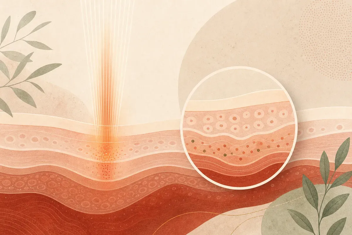 Ilustração de aplicação de laser de rejuvenescimento facial no rosto, com proteção ocular, em consultório dermatológico.