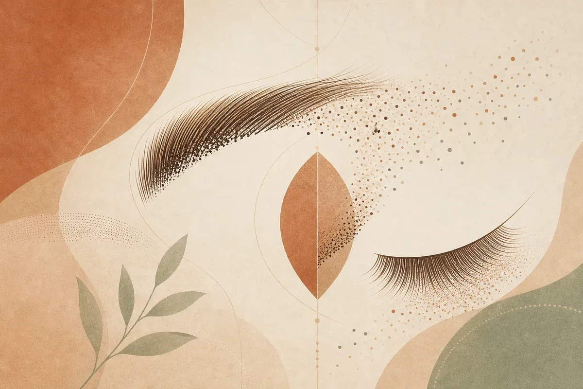 Ilustração de sessão de remoção de micropigmentação de sobrancelha a laser, com aparelho de laser e proteção ocular