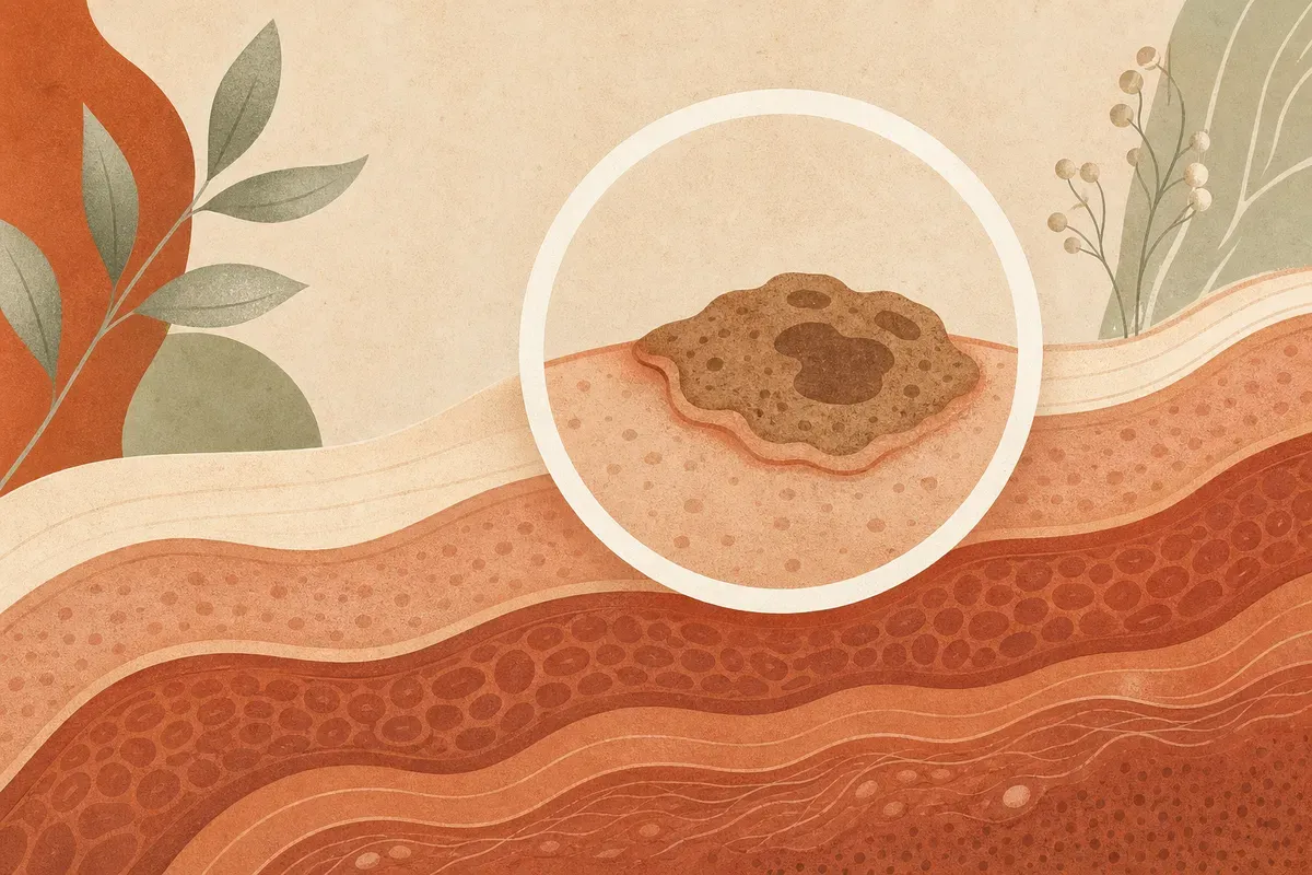 Ilustração de uma queratose seborréica na pele sendo avaliada pelo dermatologista antes da remoção